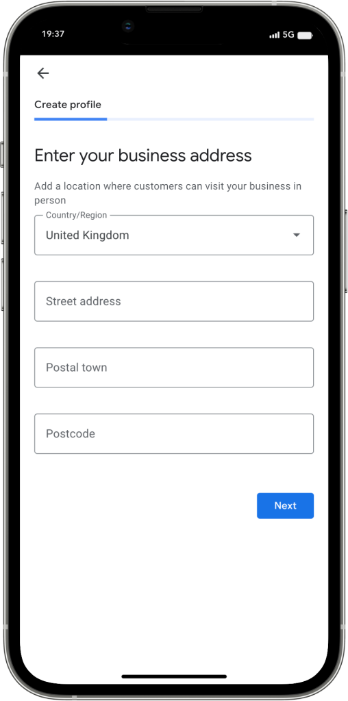 Mobile screenshot showing a Google My Business address setup step